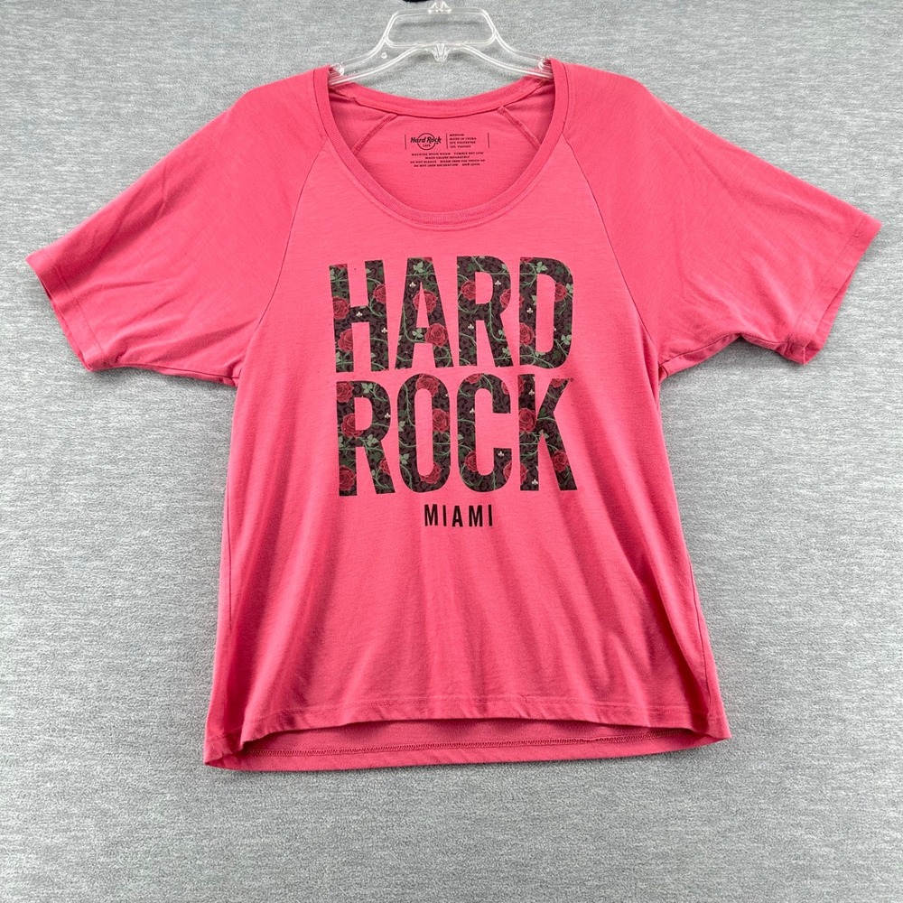 Hard Rock Cafe T-Shirt Womens Medium Pink Miami Rose Floral Raglan Short Sleeve